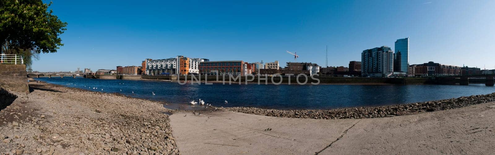 stunning Limerick cityscape panorama from Shannon bridge to Sarsfield Bridge, featuring Riverpoint buildings and river Shannon with swans (gorgeous blue sky)