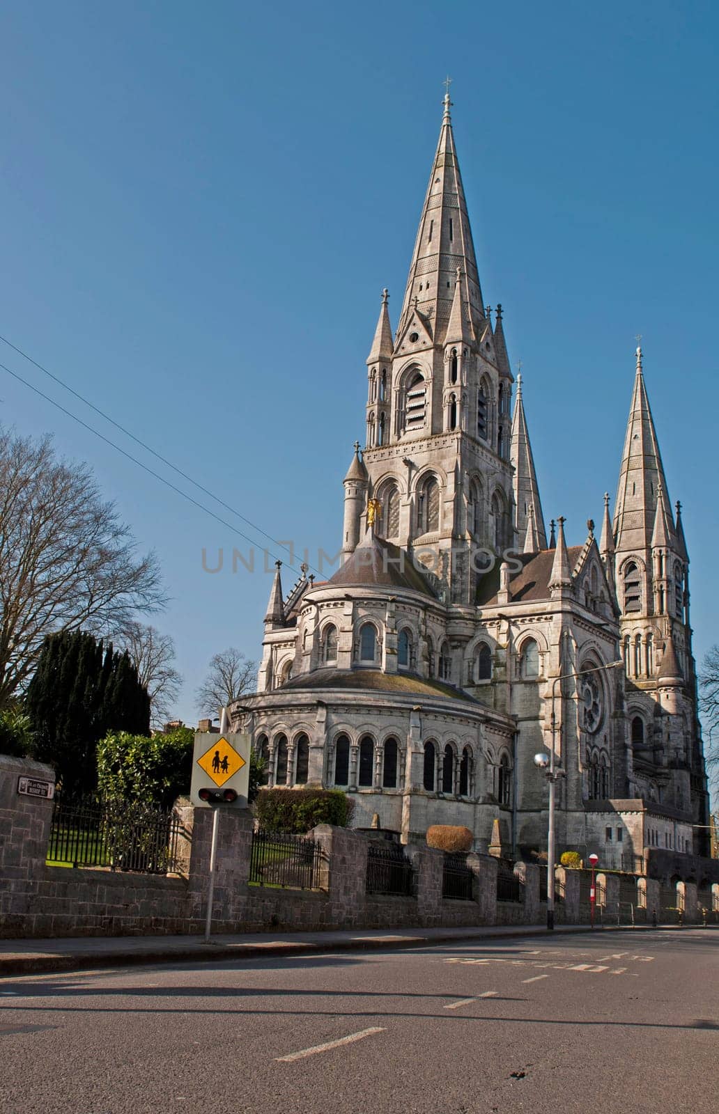 Saint Fin Barre&#039 s cathedral in Cork, Ireland (road view and blue sky background)