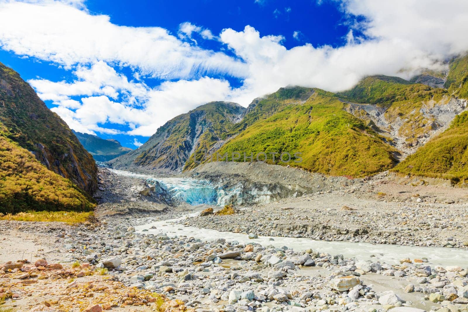 Fox glacier and river in New Zealand