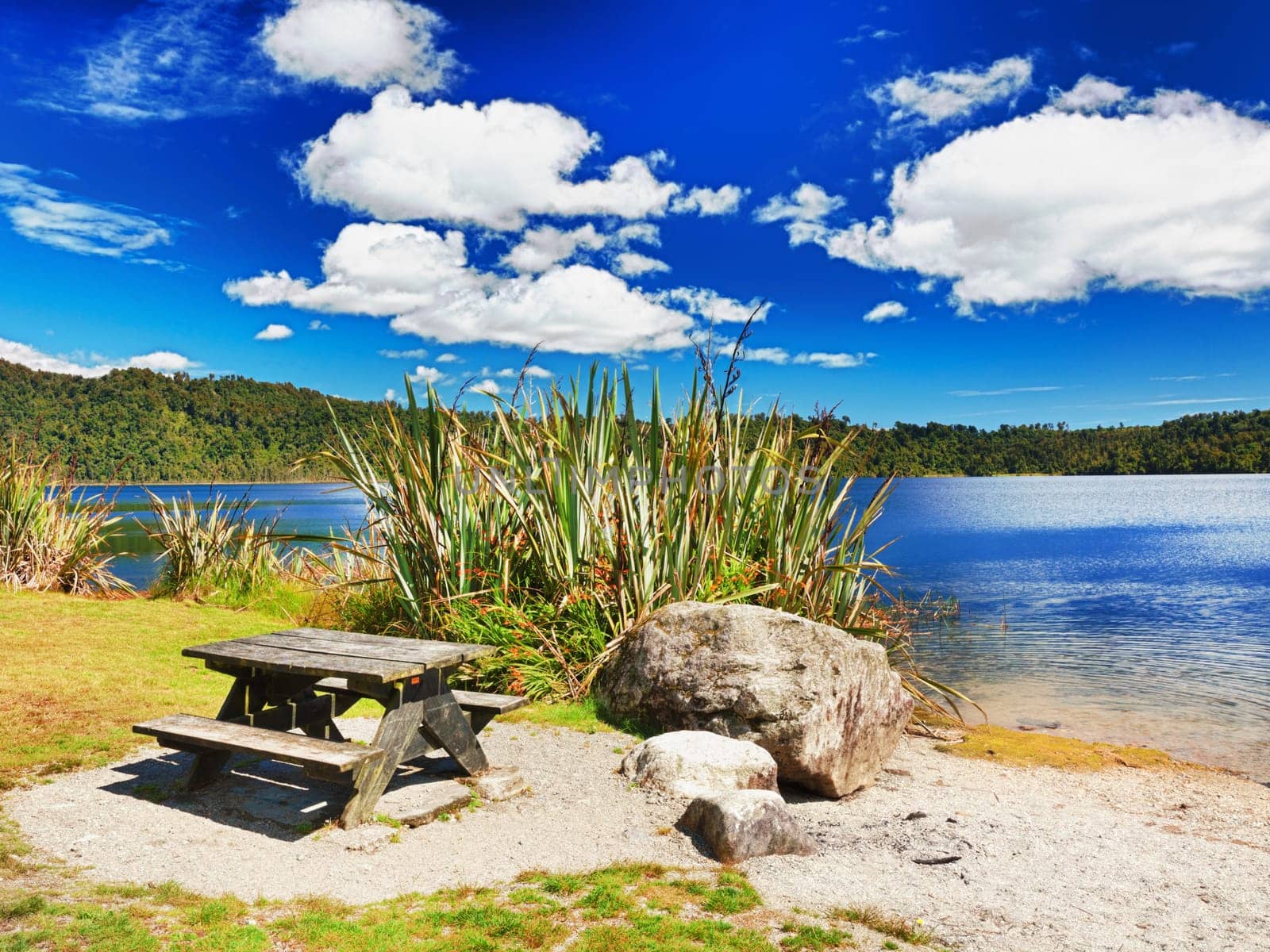 Table for picnic on lakeside in New Zealand.