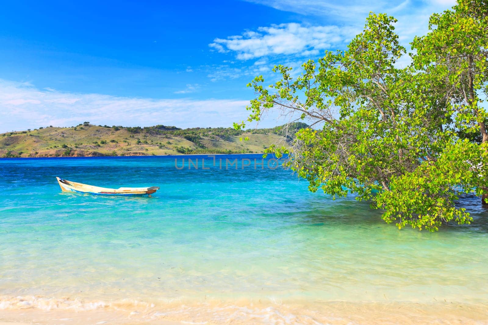Tropical island landscape. Boat on the foreground