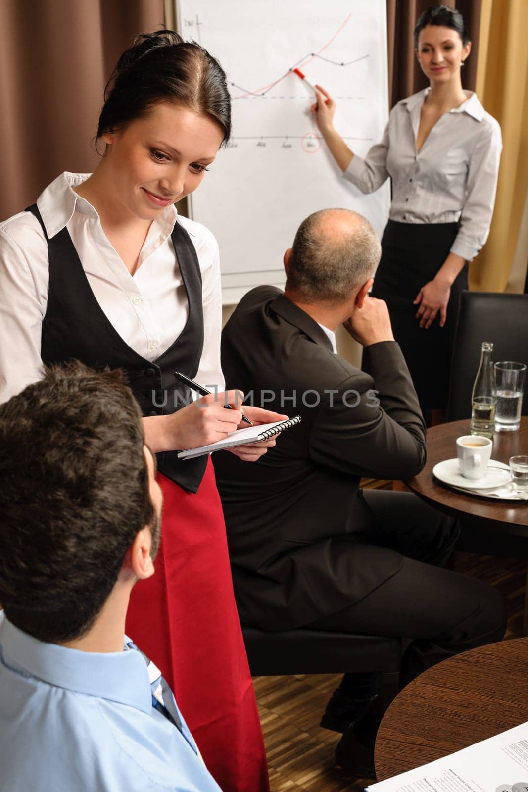 Business meeting waitress take order executive businesswoman giving presentation flipchart