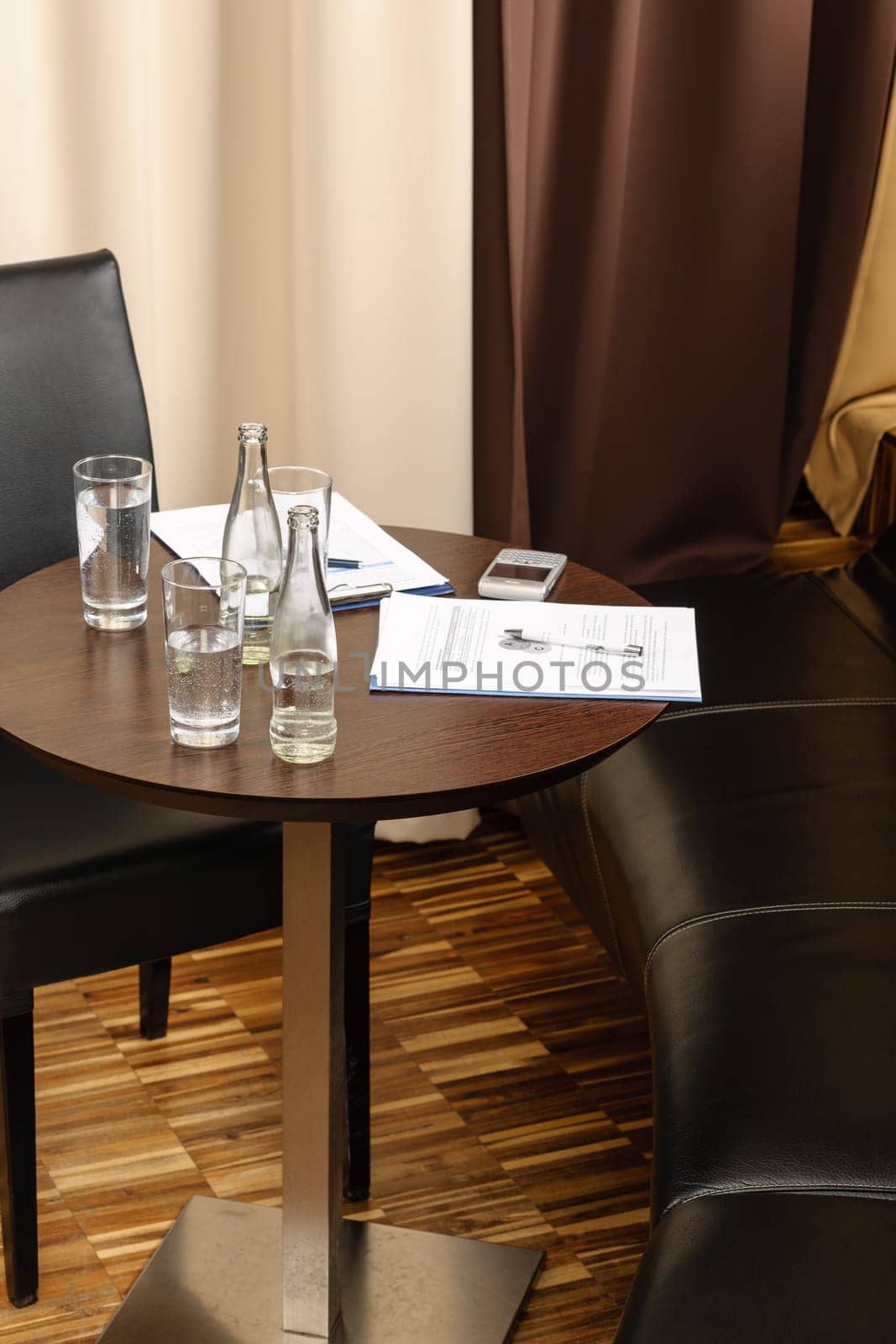 Business desk with report and refreshment sales meeting