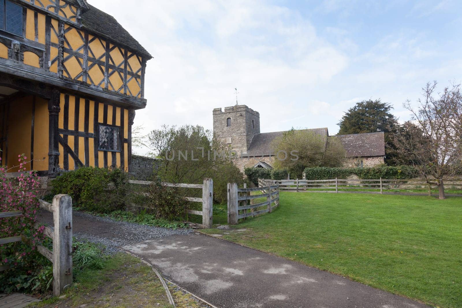 Parish church by gatehouse to Stokesay castle in Shropshire