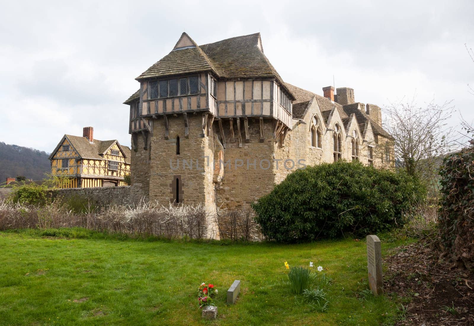 Gatehouse entrance to Stokesay castle on a dark cloudy day