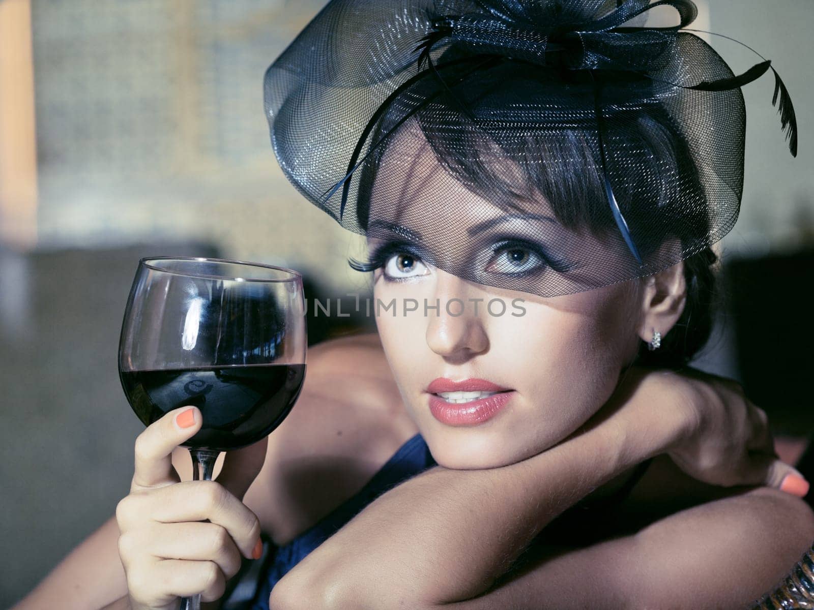 Fashion woman retro portrait in a restaurant