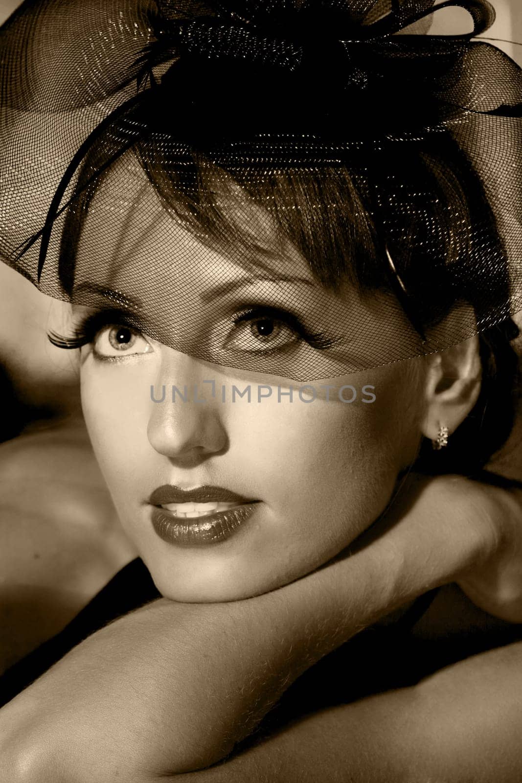 Fashion woman retro portrait in a restaurant