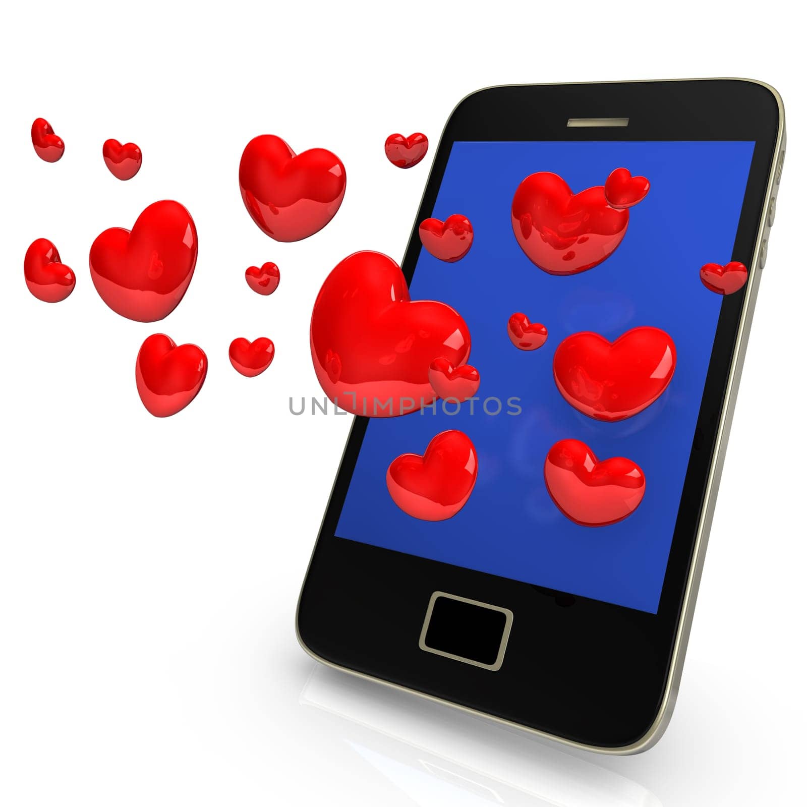Smartphone with red hearts on the white background.