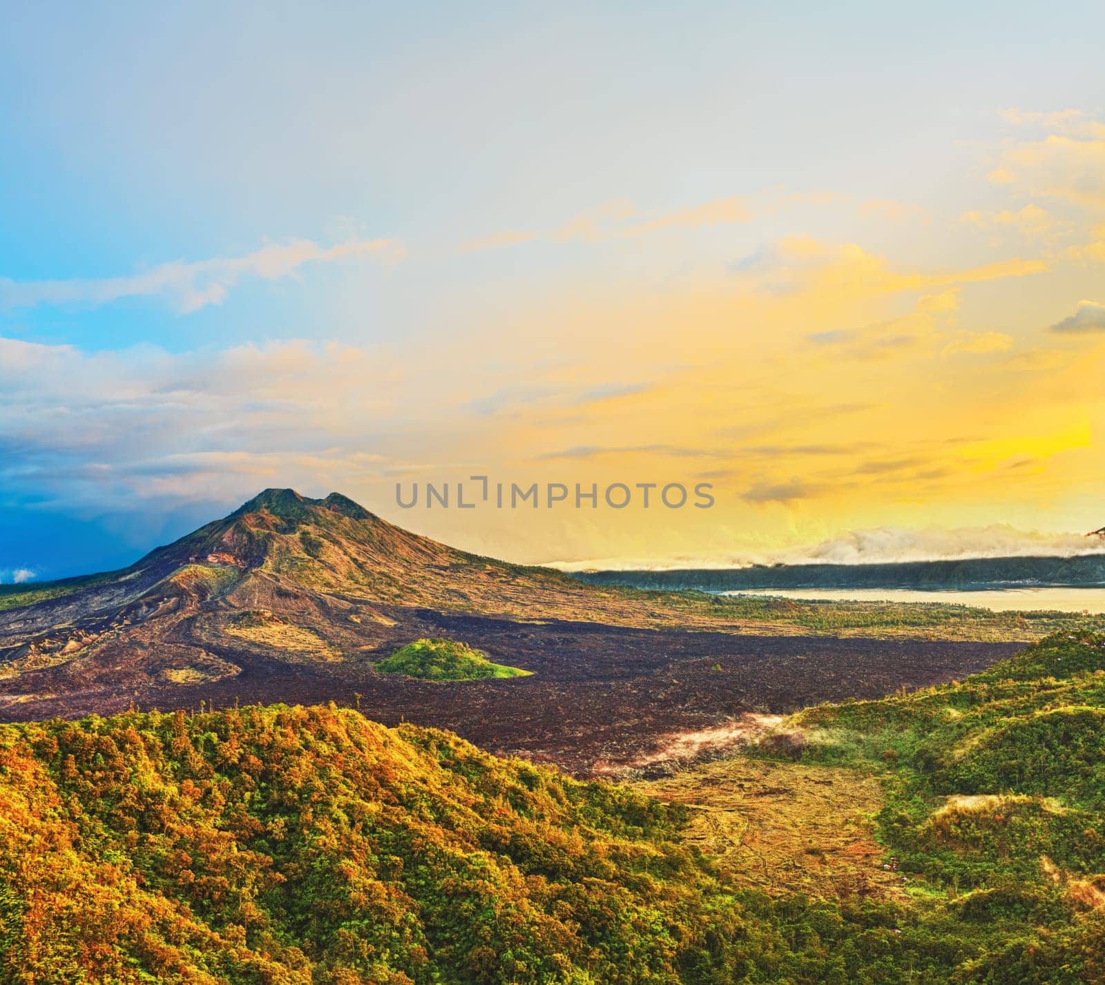 View of the lake and violcano Batur. Bali