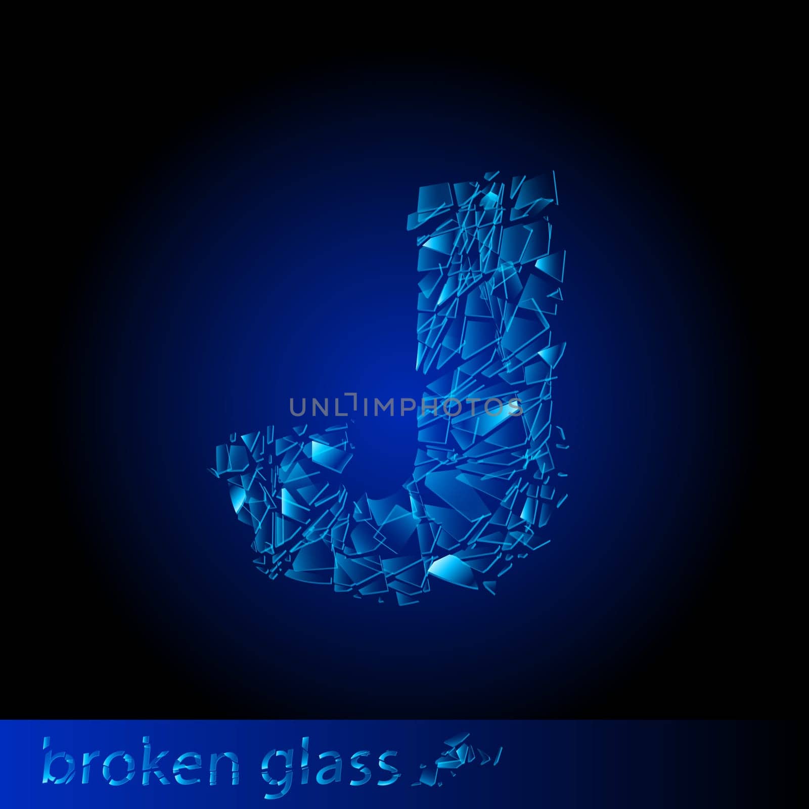 One letter of broken glass - J. Illustration on black background