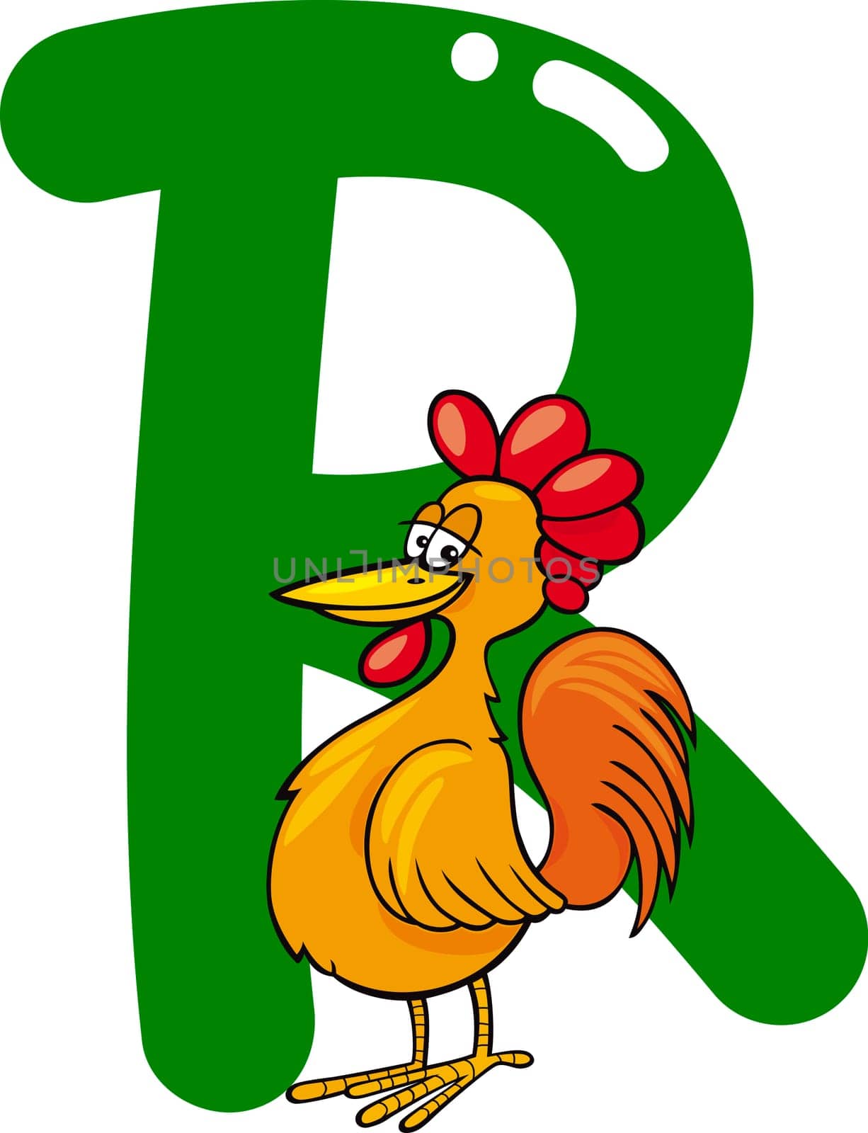 cartoon illustration of R letter for rooster
