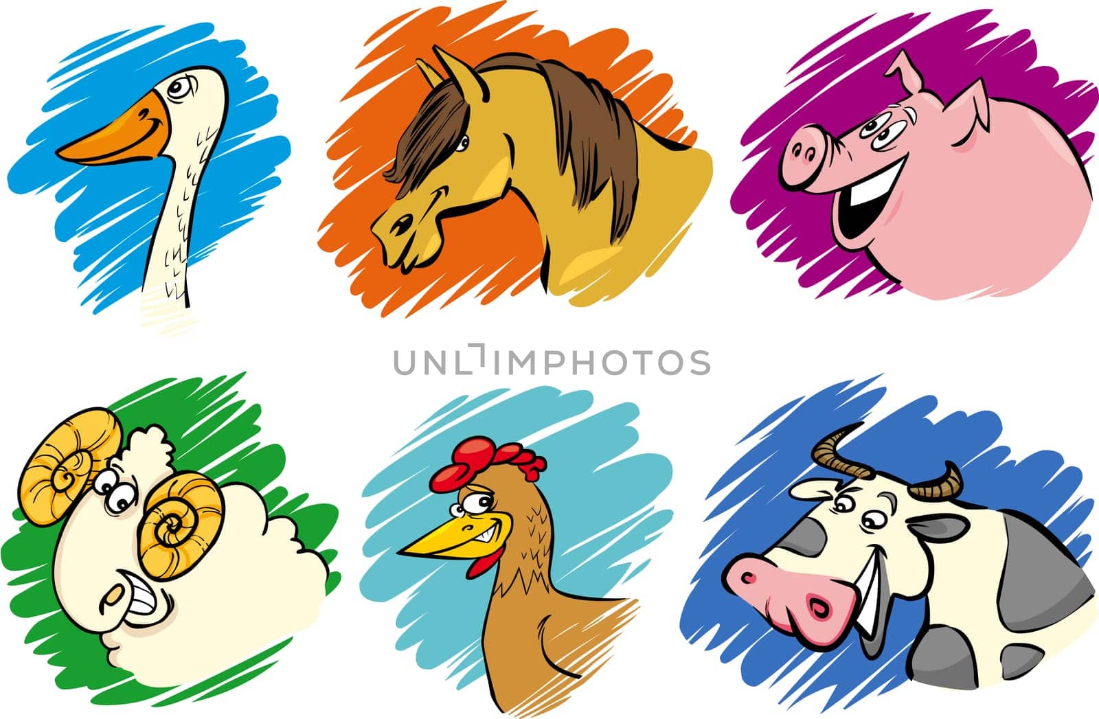 Set of funny farm animals cartoon illustrations