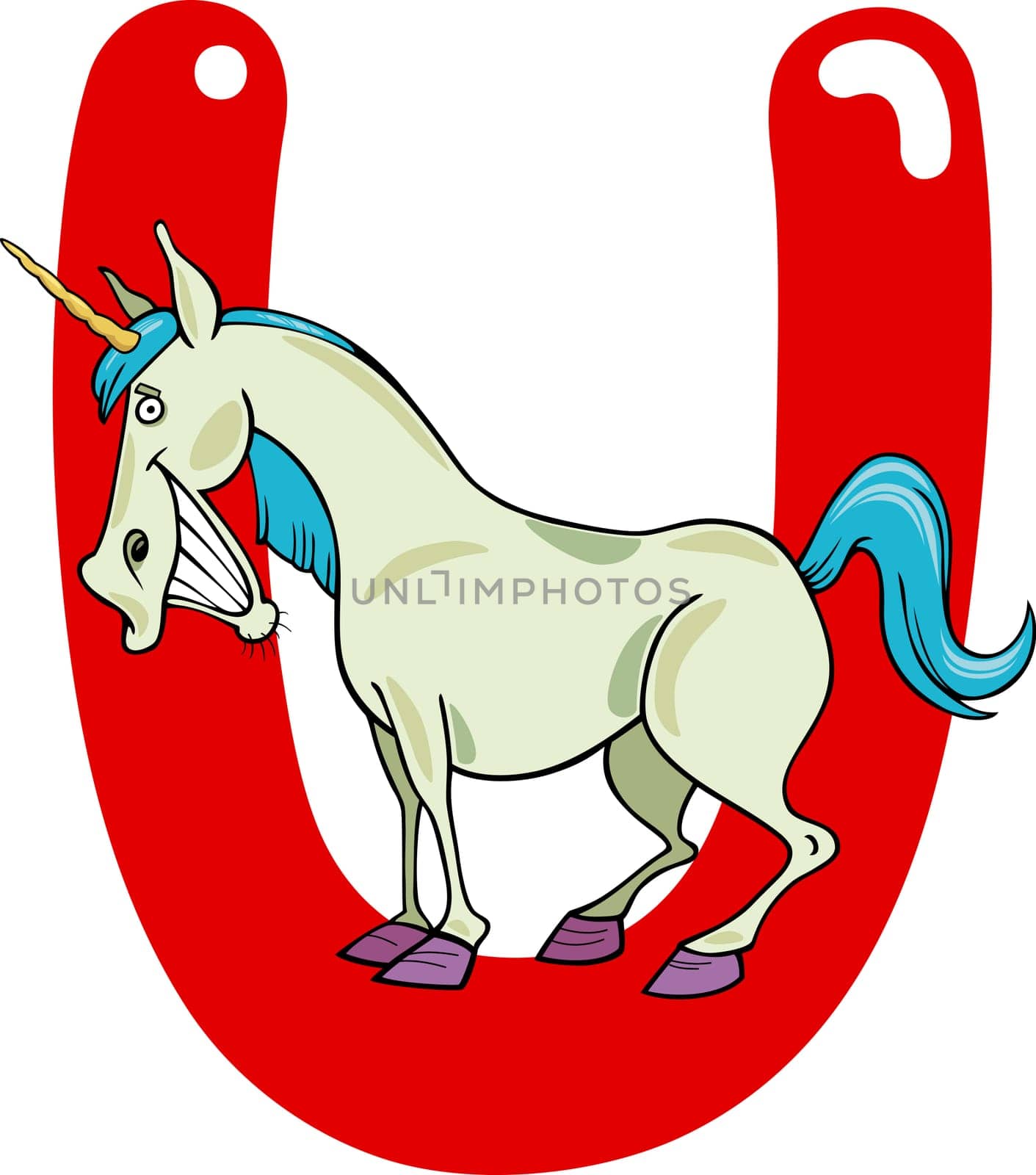 cartoon illustration of U letter for unicorn