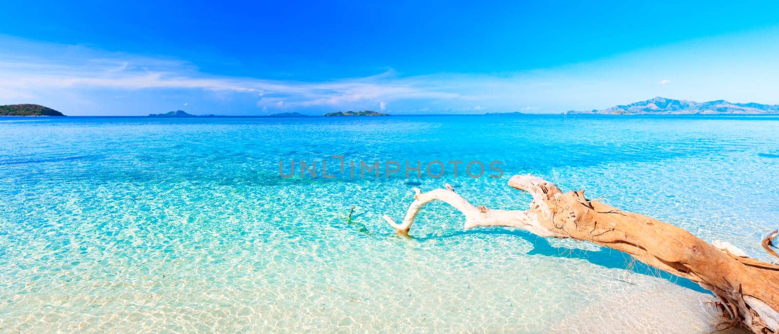 Tropical sandy beach at summer sunny day. Panorama