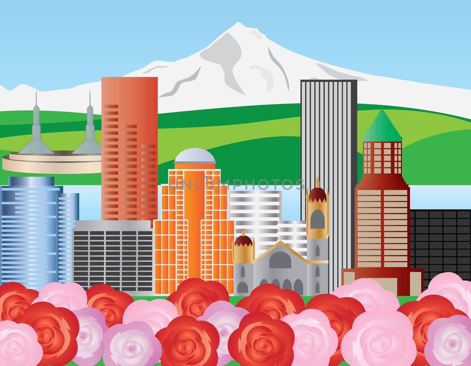Portland Oregon Skyline with Mount Hood and Roses Illustration