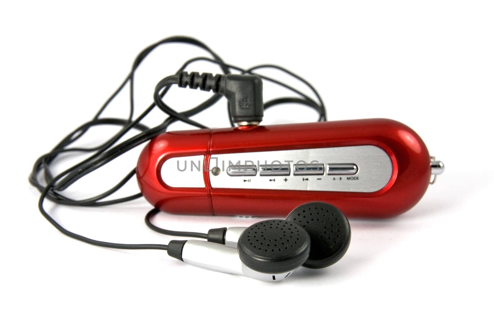 red portable music player on white background