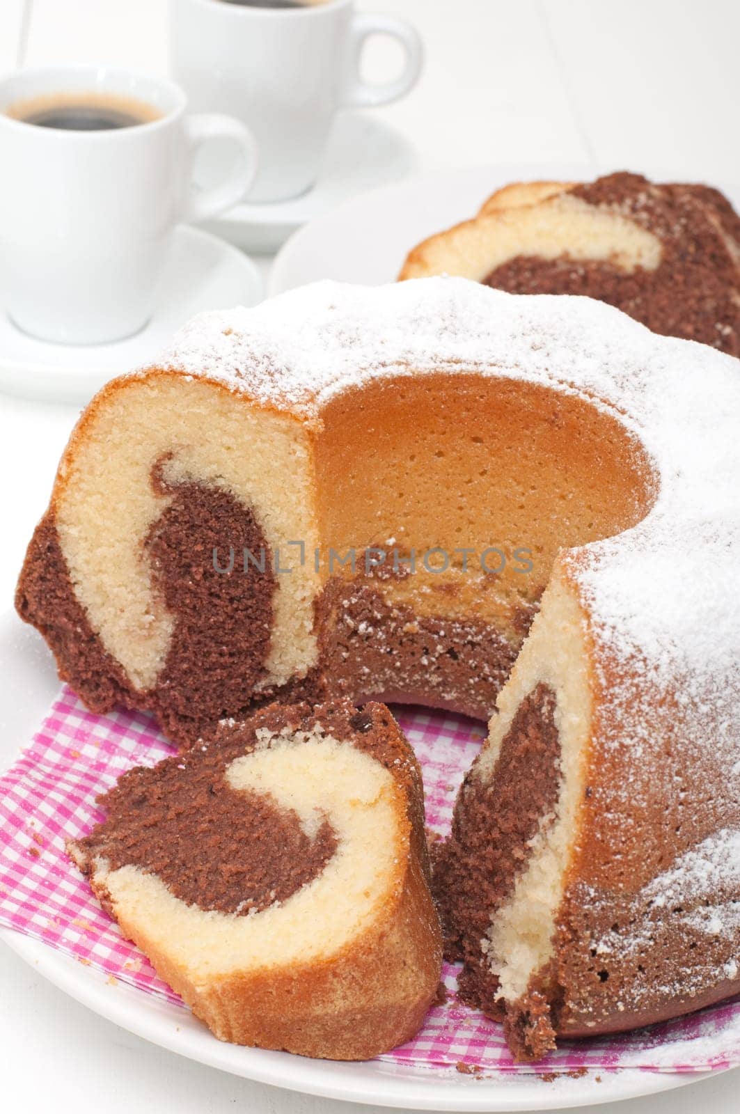 Traditional Homemade Marble Cake - Gugelhupf and Cup of Espresso Coffee