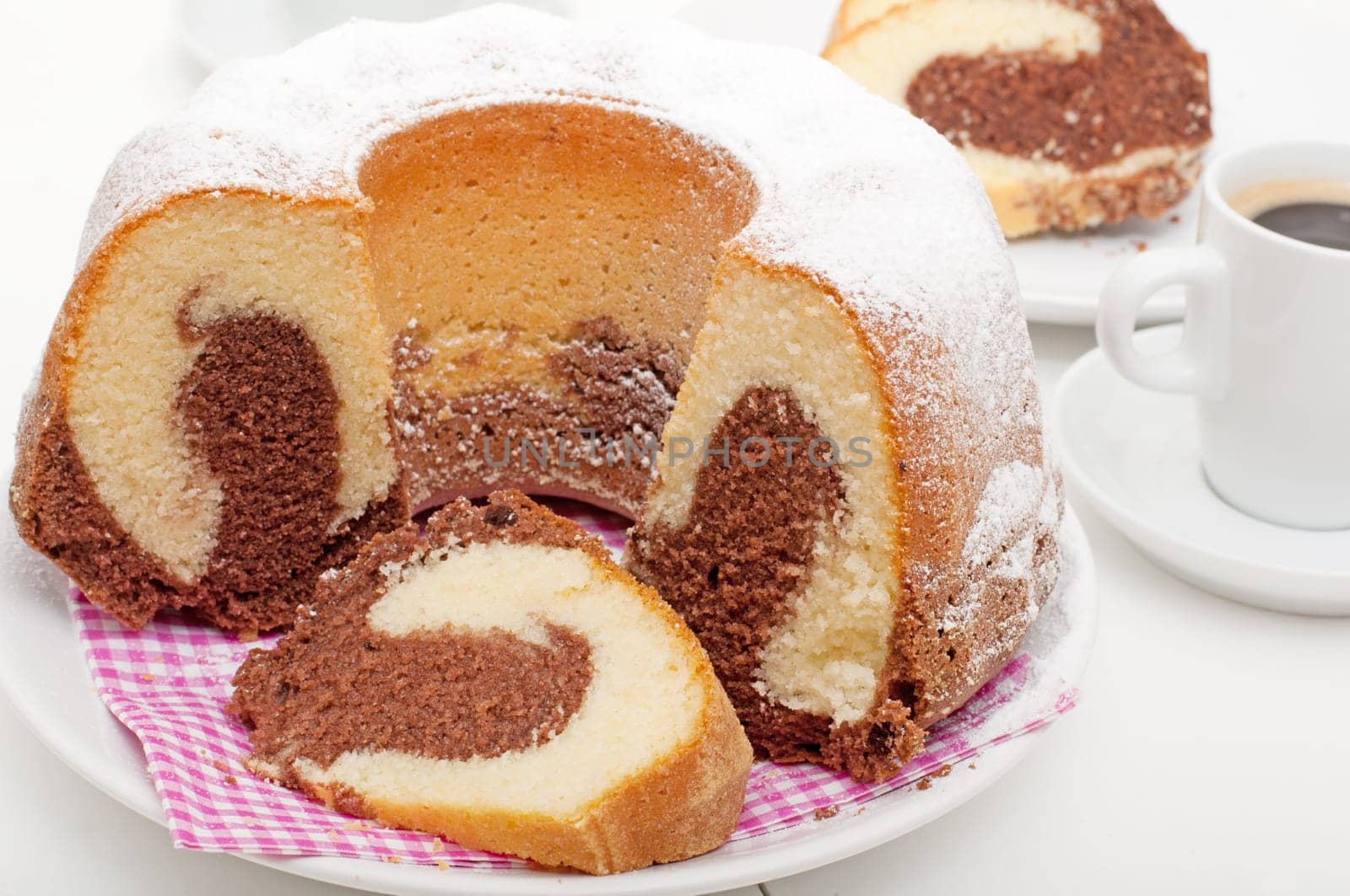 Traditional Homemade Marble Cake - Gugelhupf and Cup of Espresso Coffee