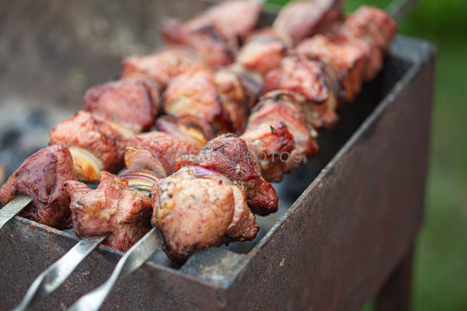 Outdoor picnic with grilling fresh meat shish kebab (shashlik) on a steel skewers on a grill wood coal. BBQ on summer picnic in green garden.