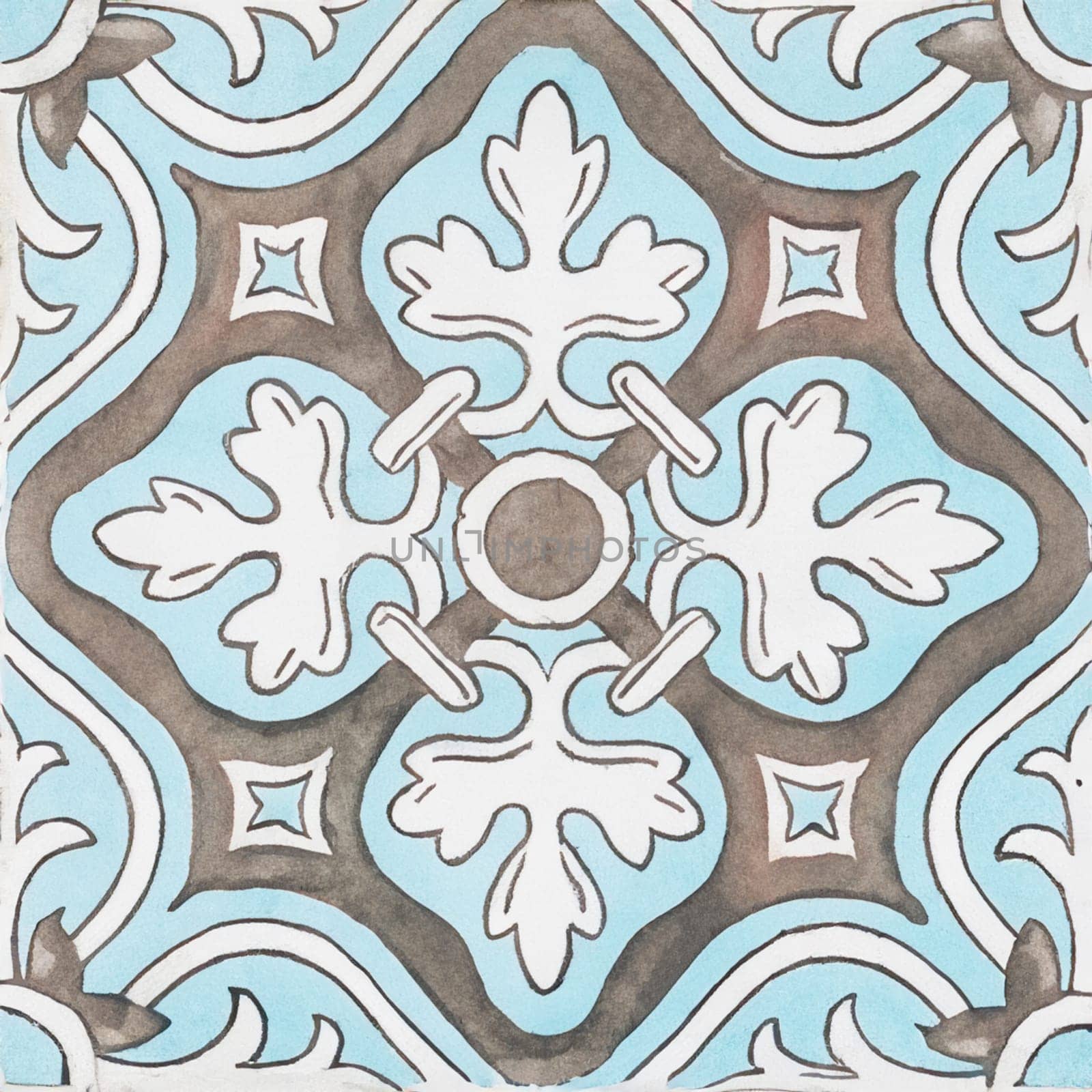 Watercolor illustration of portuguese ceramic tiles pattern. Single square tile.