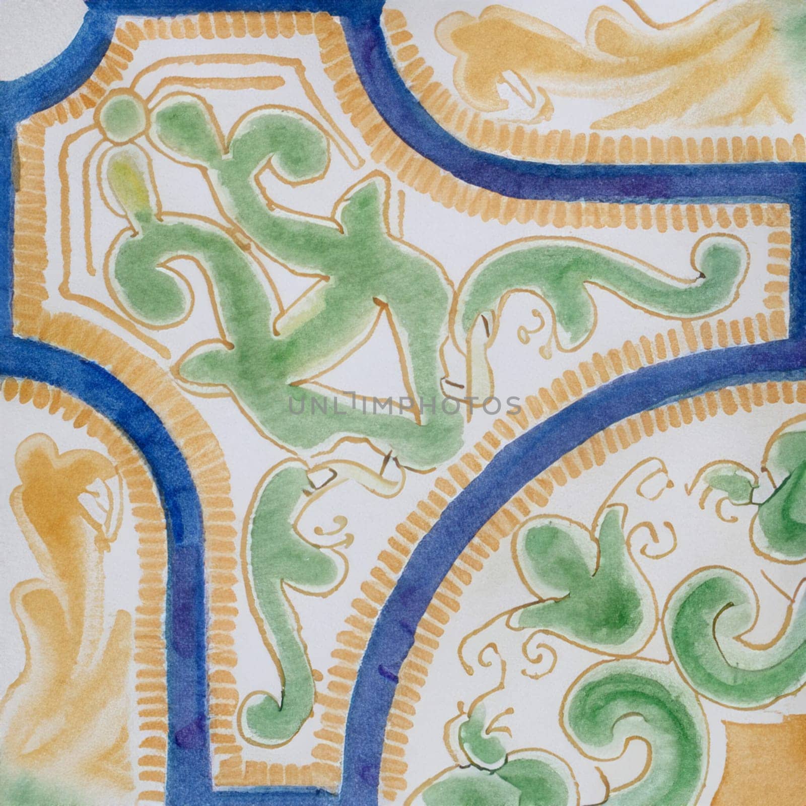 Watercolor illustration of portuguese ceramic tiles pattern. Single square tile.