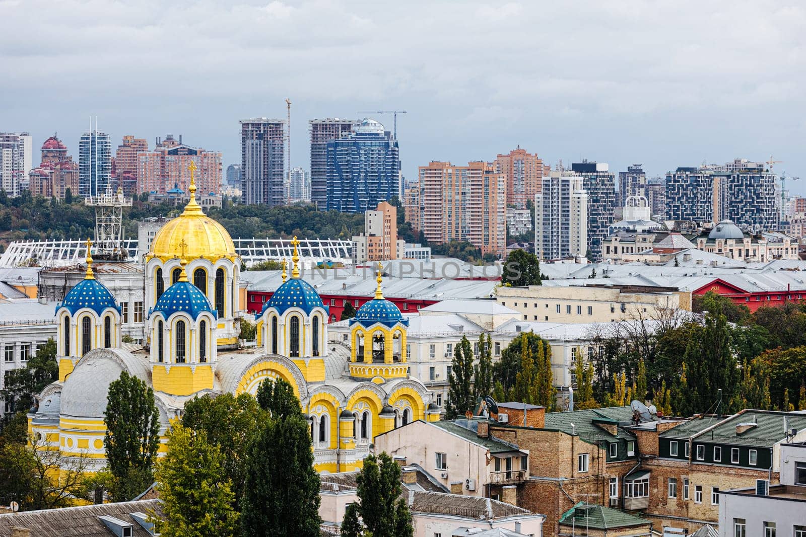 Amazing Ukraine Kyiv Kiev beautiful church. St Volodymyr's Cathedral. Top view from drone aerial photo. Famous tourist places.