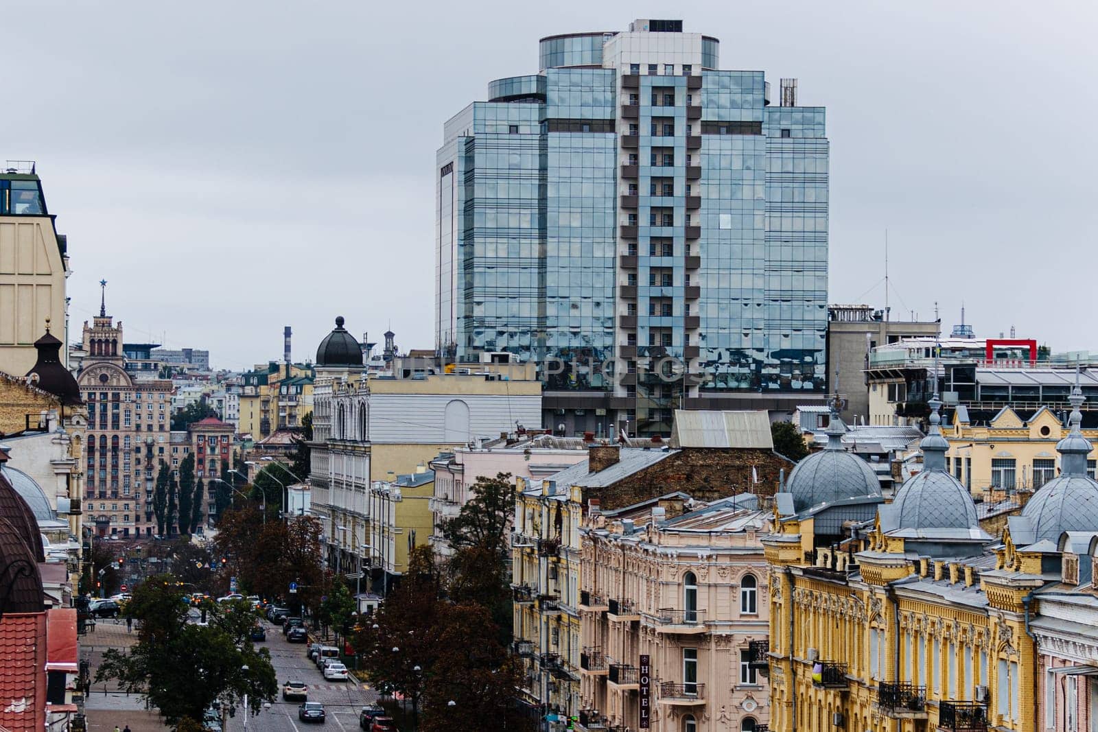 Kyiv, Ukraine - October 1, 2023: The streets of Kyiv city. Aerial view