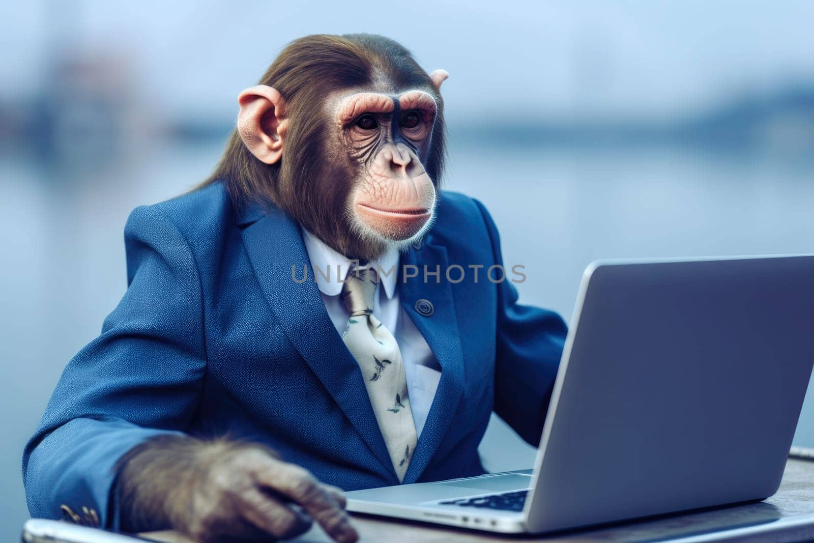 Confident monkey in a business suit with a laptop. Concept of successful education, advanced training, promotion and career growth