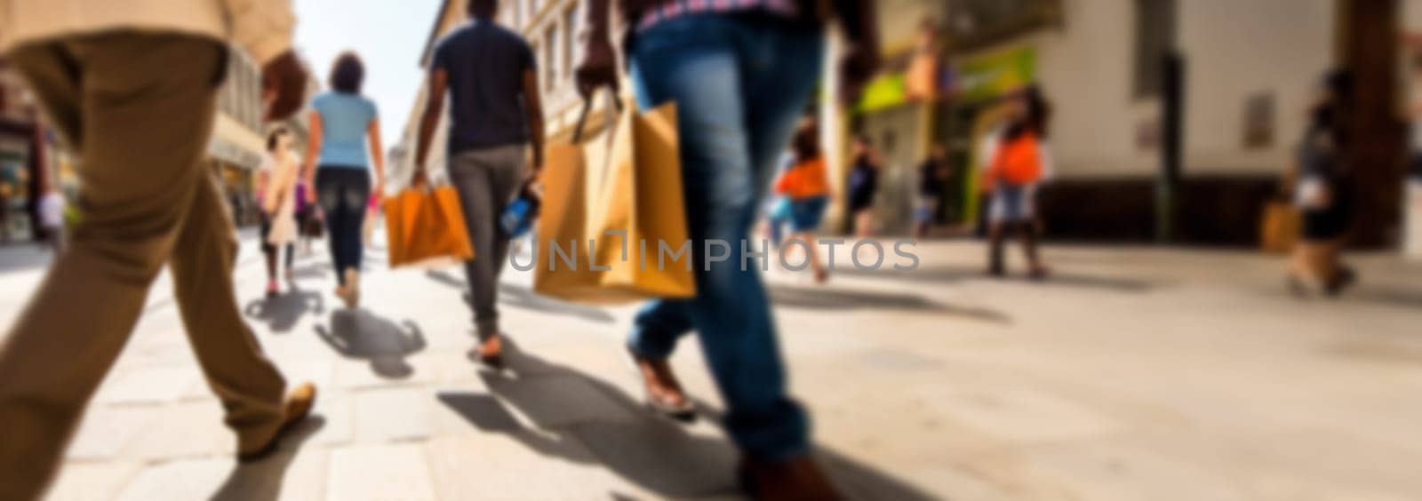 Busy shopping street in the city. Rush hour. Motion blurred crowd of shopping walking on busy fashion shop street. Crowd of people shoppers walking in the streets blurred background by Annebel146