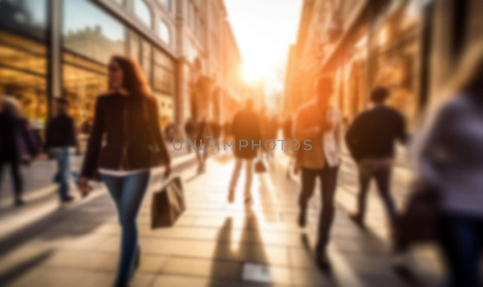 Busy shopping street in the city. Rush hour. Motion blurred crowd of shopping walking on busy fashion shop street. Crowd of people shoppers walking in the streets blurred background copy space