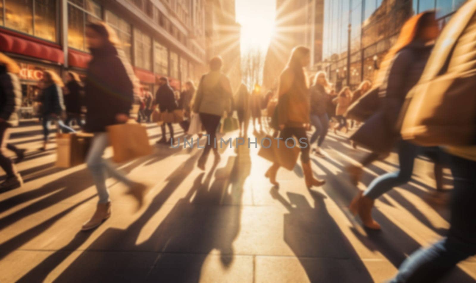 Busy shopping street in the city. Rush hour. Motion blurred crowd of shopping walking on busy fashion shop street. Crowd of people shoppers walking in the streets blurred background by Annebel146