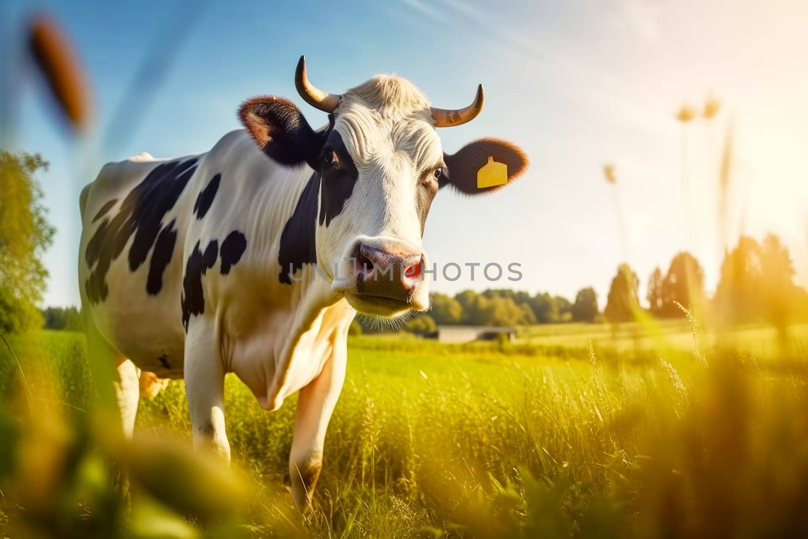 A cow grazing in a meadow.