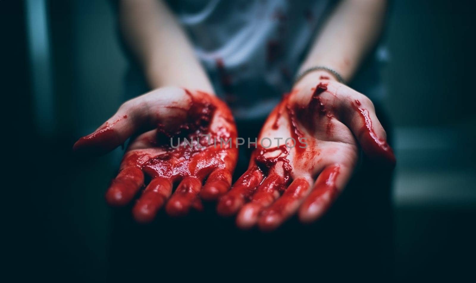 Hand of killed person or the killer with bloody hands. Abuse and domestic violence. horror or Halloween background or surface with bloody red hands prints on moody wall with copy space. Halloween background Space for text