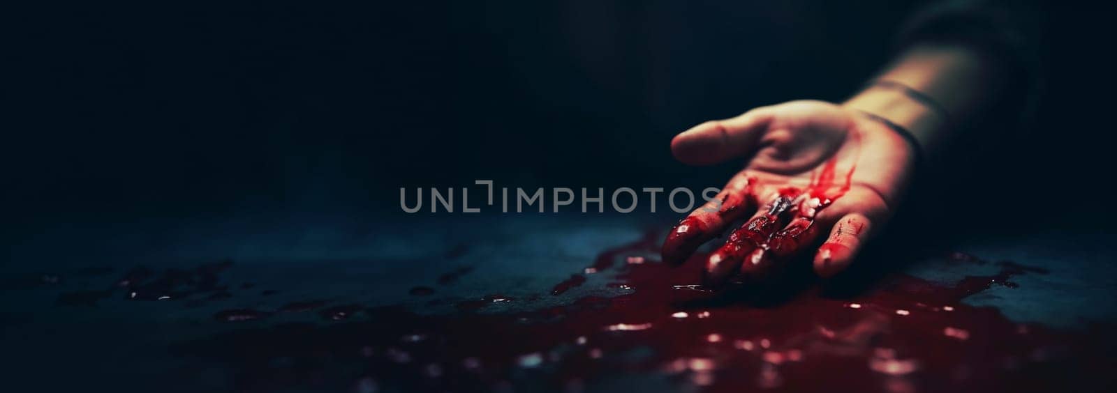 Hand of killed person or the killer with bloody hands. Abuse and domestic violence. horror or Halloween background or surface with bloody red hands prints on moody wall with copy space. Halloween background Space for text