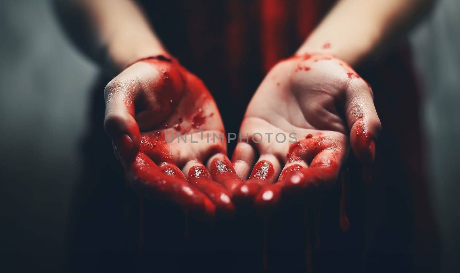 Hand of killed person or the killer with bloody hands. Abuse and domestic violence. horror or Halloween background or surface with bloody red hands prints on moody wall with copy space. Halloween background Space for text