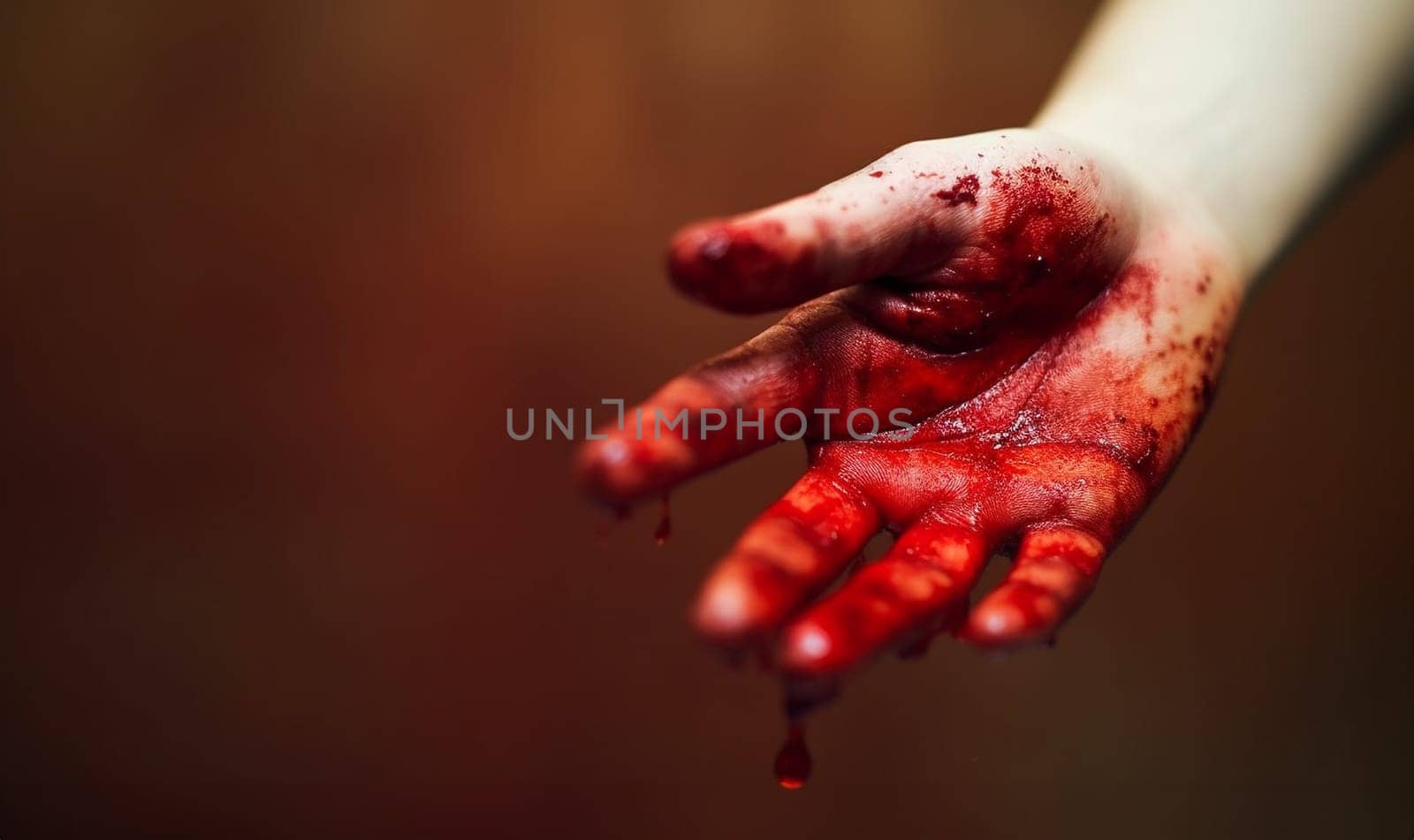 Hand of killed person or the killer with bloody hands. Abuse and domestic violence. horror or Halloween background or surface with bloody red hands prints on moody wall with copy space. Halloween background Space for text