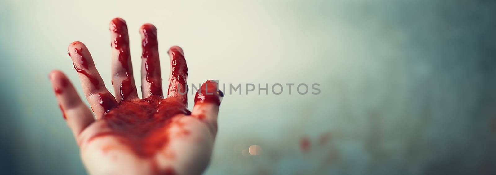 Hand of killed person or the killer with bloody hands. Abuse and domestic violence. horror or Halloween background or surface with bloody red hands prints on moody wall with copy space. Halloween background Space for text