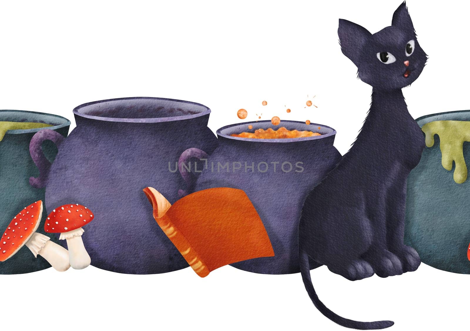 Seamless Halloween border. cauldrons with potions, magical spell books, poisonous fly agaric mushrooms a black witch's cat. Classic holiday elements in a watercolor illustration. for website and cards.