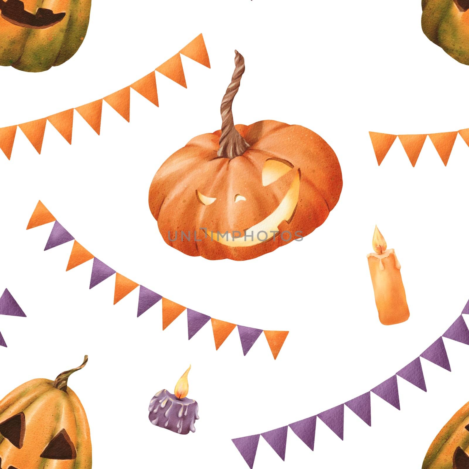 Seamless Halloween pattern. vibrant orange pumpkins with carved faces orange and purple candles festive flags garlands. Classic holiday elements in a watercolor illustration. for packaging, textiles by Art_Mari_Ka