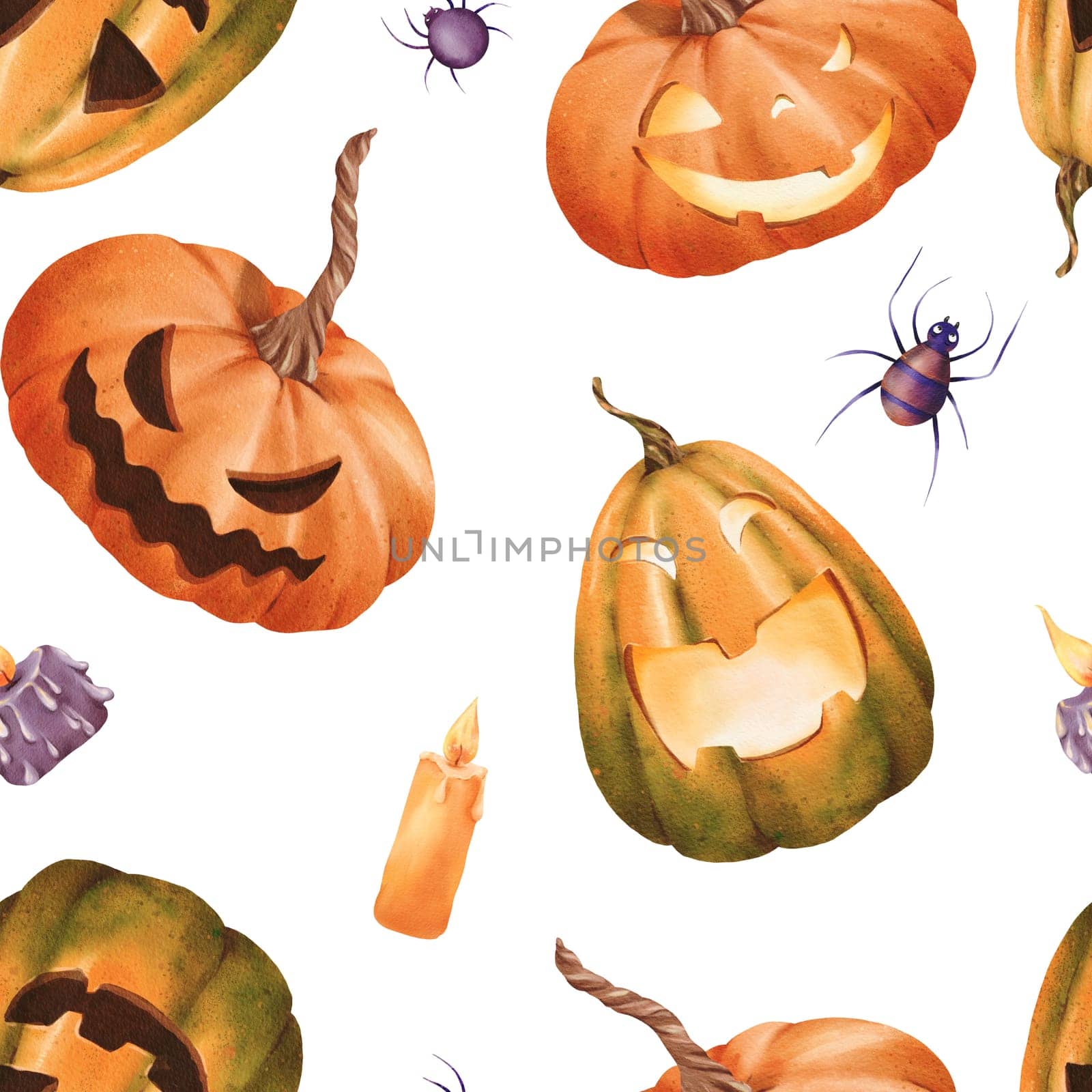 Seamless Halloween pattern. bright orange pumpkins with carved faces, with orange and purple candles and venomous spiders. Classic holiday elements. watercolor. for packaging, textiles, and books by Art_Mari_Ka