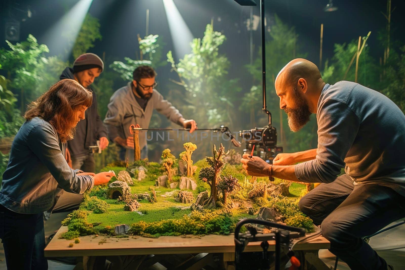 A friendly team with a director shoots a movie on a constructed mock-up of a lawn. High quality photo