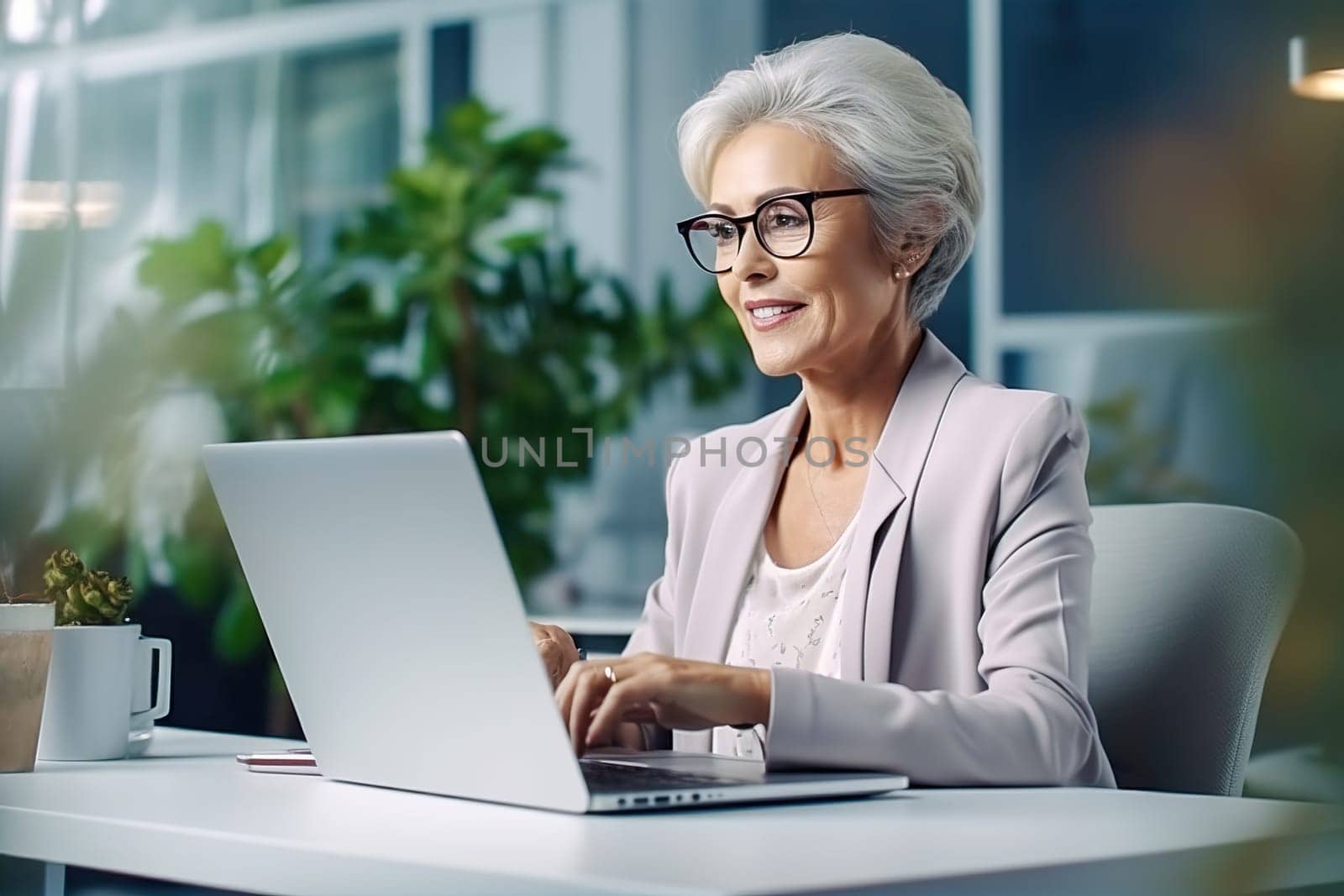 An old, successful woman works on a computer. High quality photo
