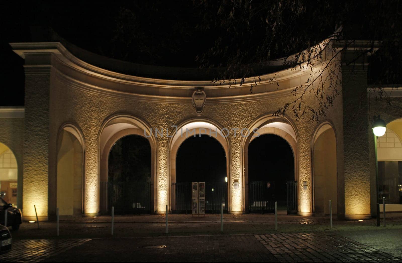 Entrance to the spa gardens of Bad Pyrmont at night