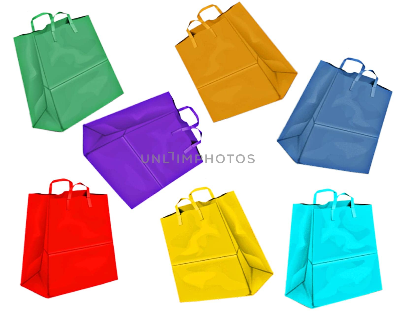 different colored paper bags on white background
