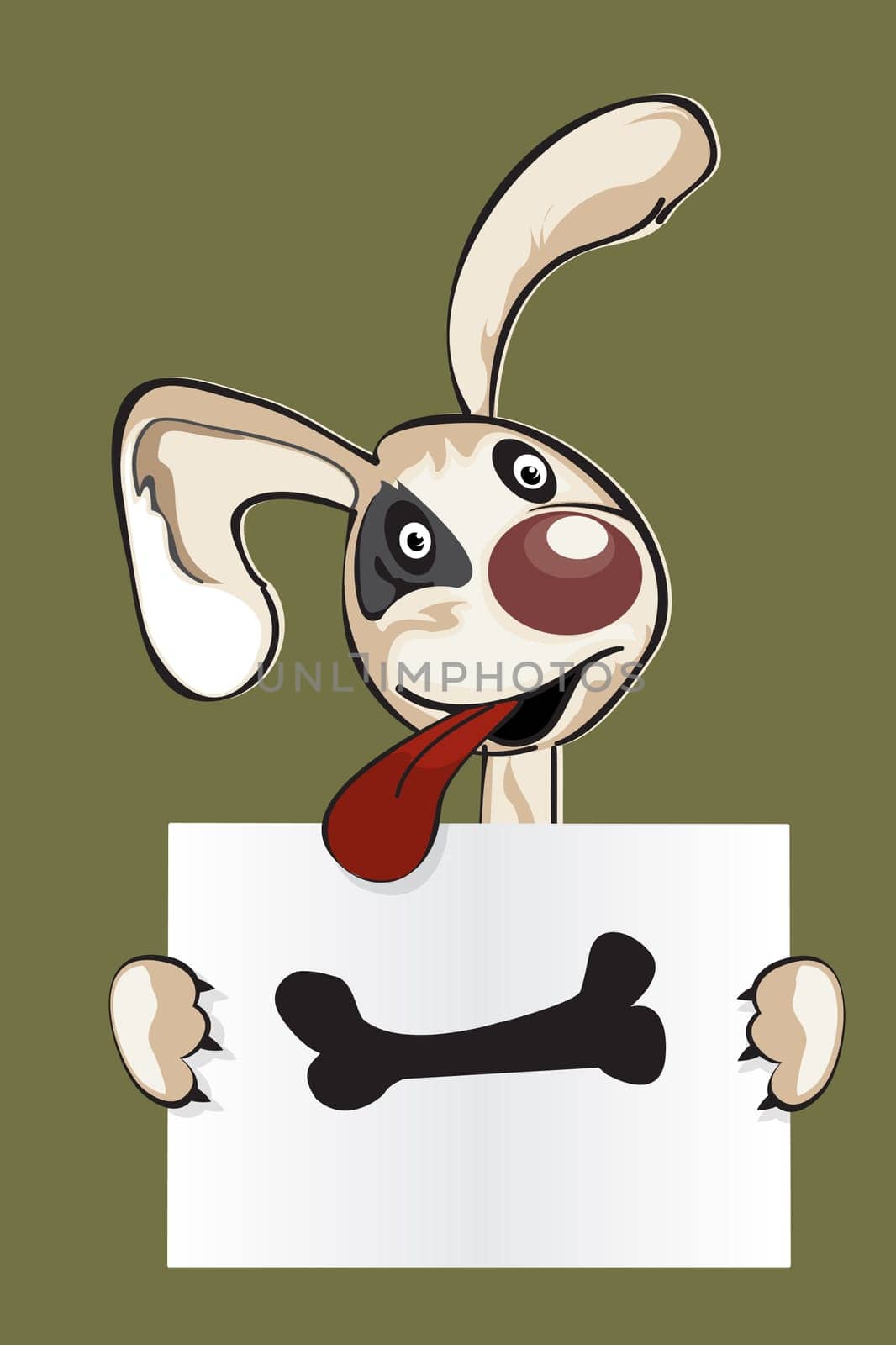 Cute puppy in cartoon style holding a sign saying : "Give me a bone!"""