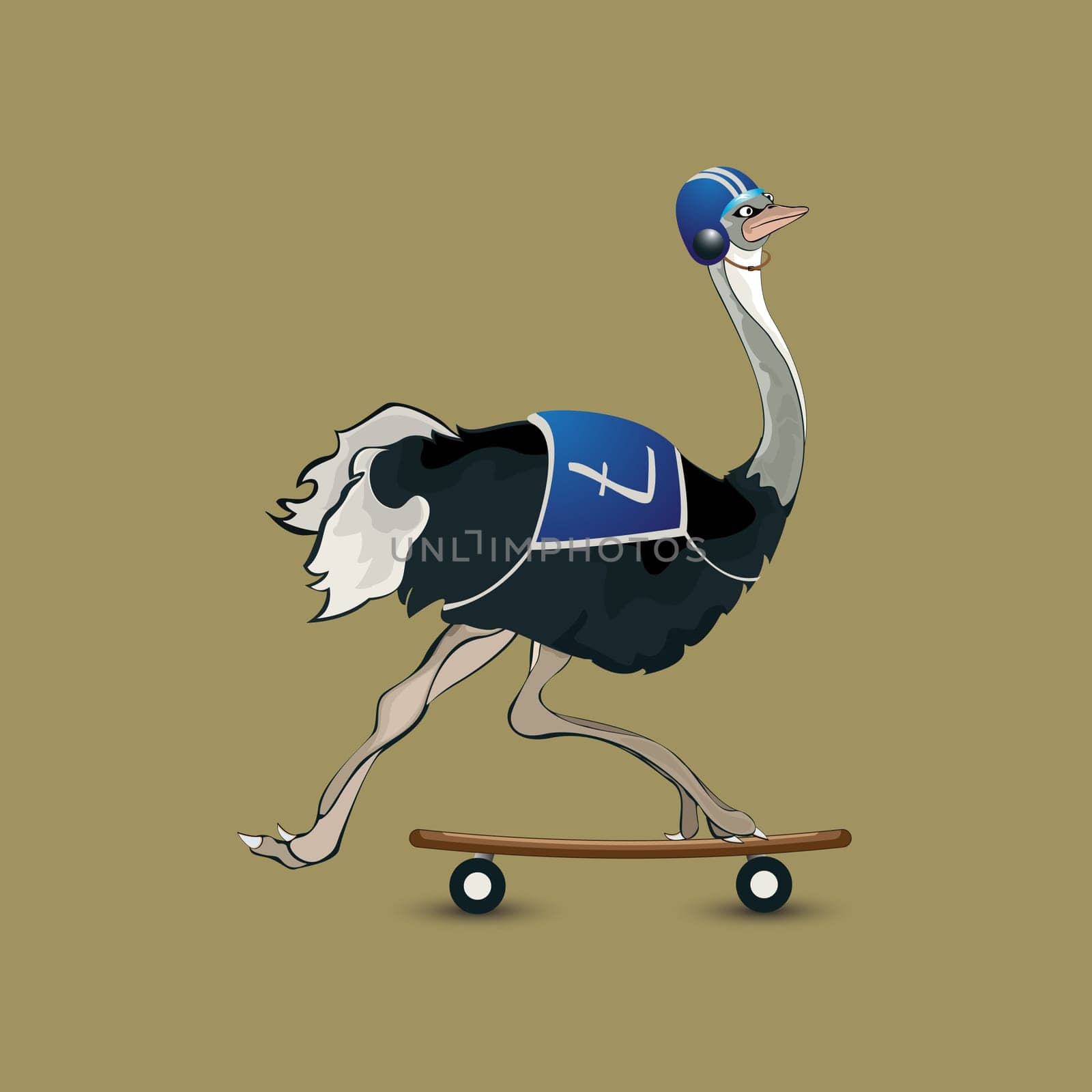 Conceptual illustration of a ostrich racing on a skateboard