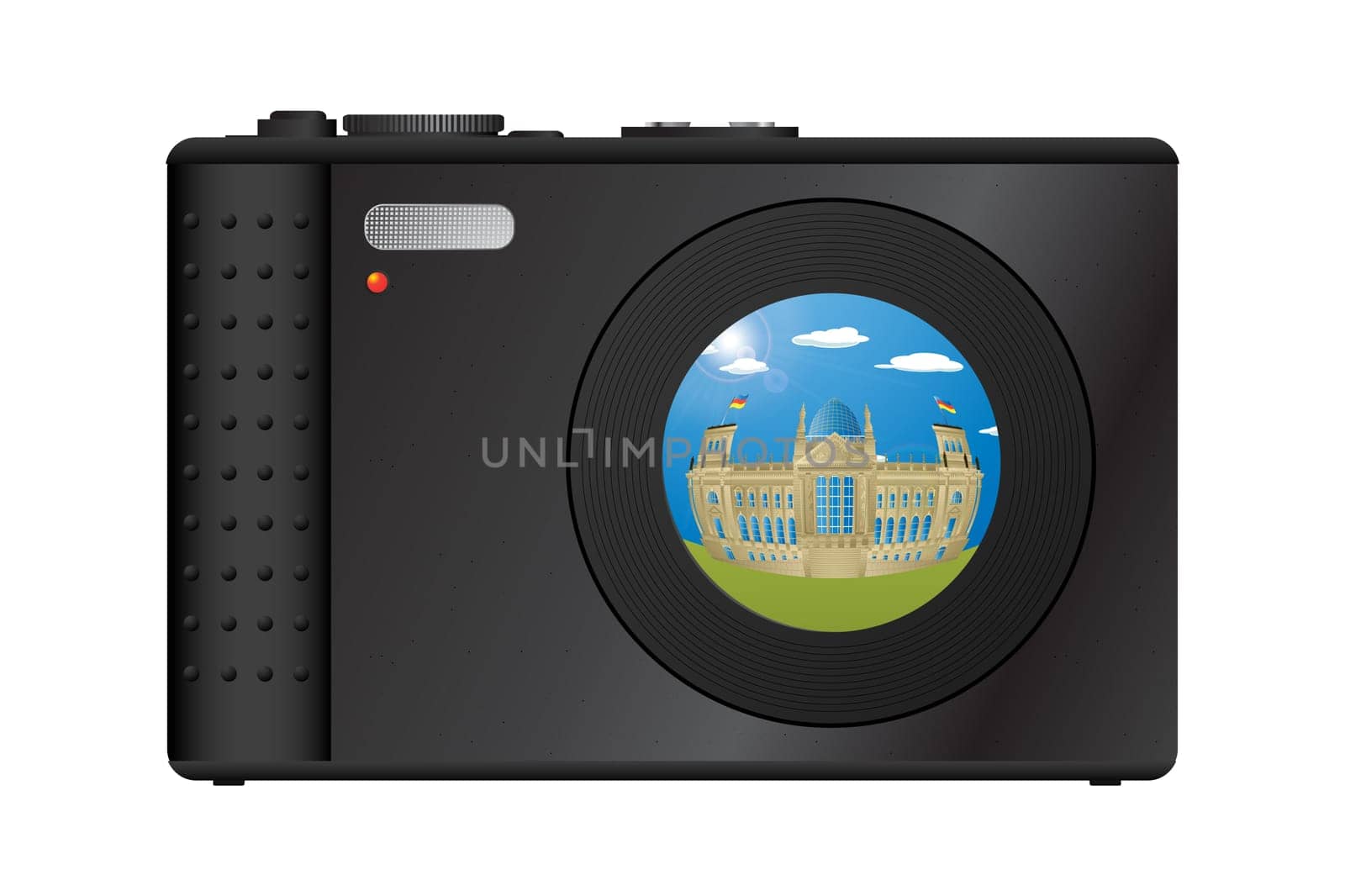 Compact digital camera with snapshot of Berlin&#039 s Parliament building on the lens.