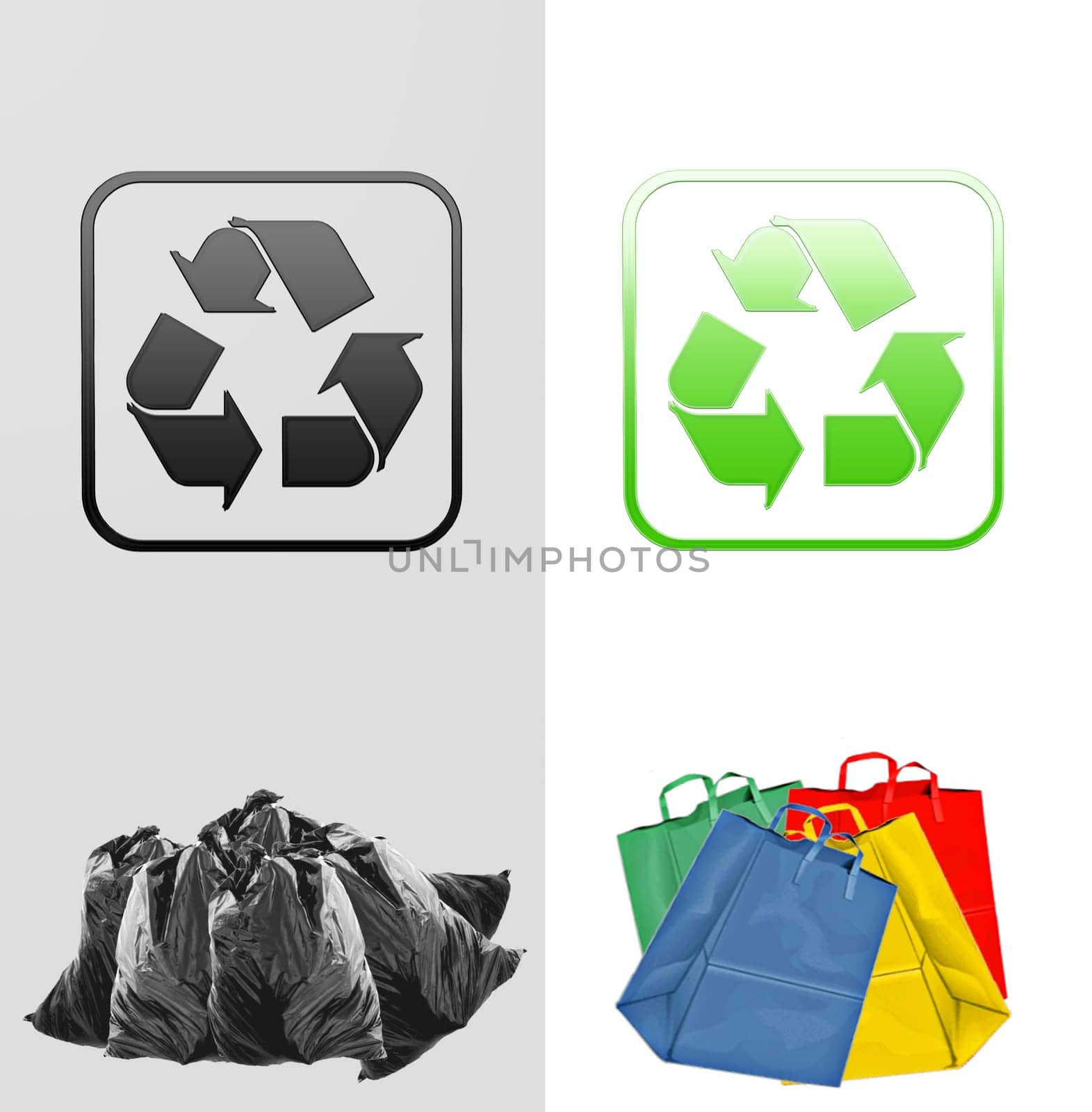 plastic bags and paper bags with symbols recyclable and non recyclable