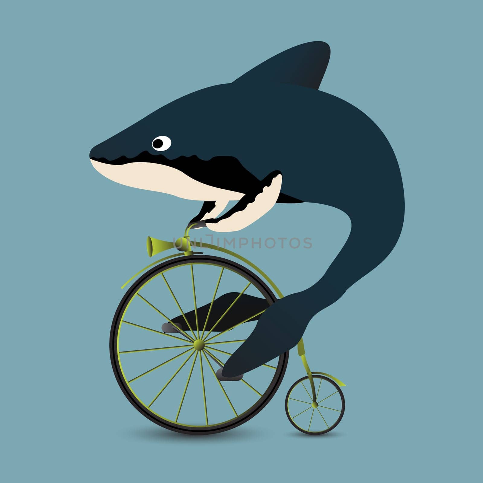 Conceptual graphic illustration of a whale driving a vintage bicycle.