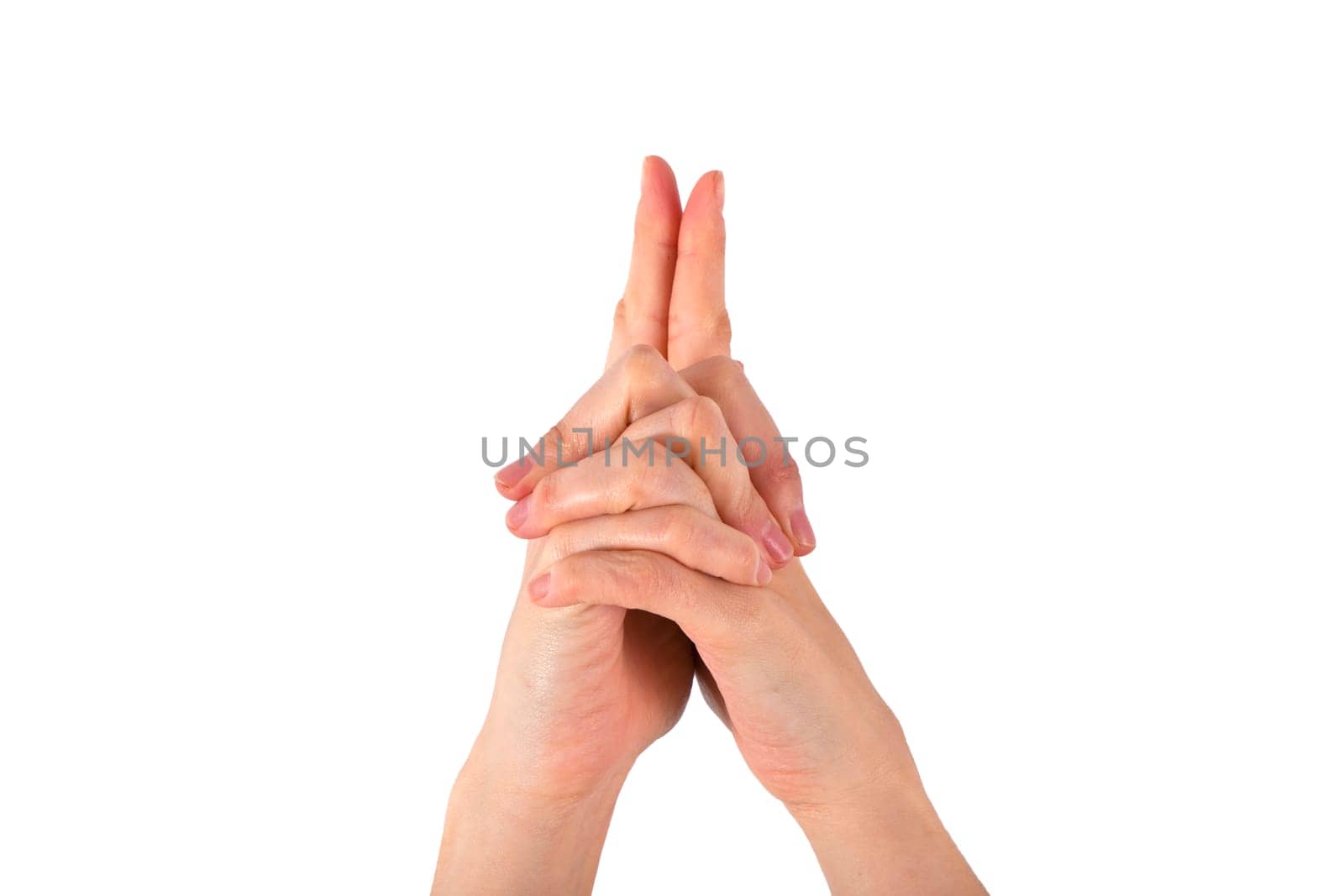 A womans hand is shown in yoga gesture